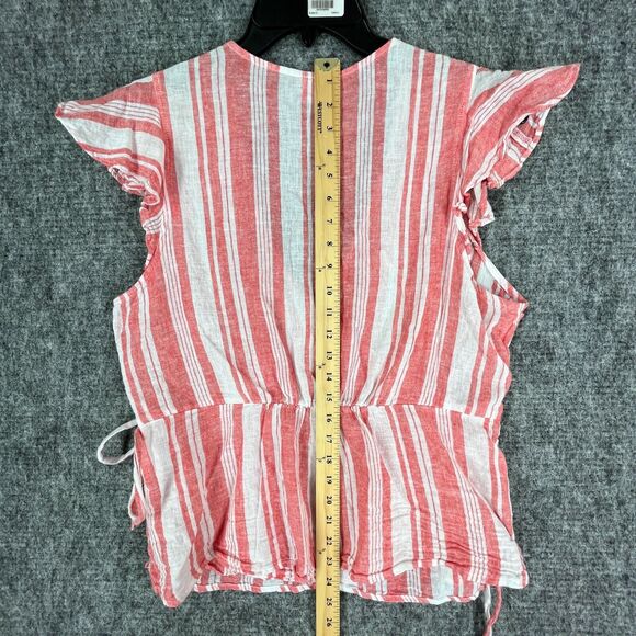 Old Navy Shirt Womens Large Red Wrap Chambray Basic Cotton Linen Striped Cropped - Picture 8 of 12